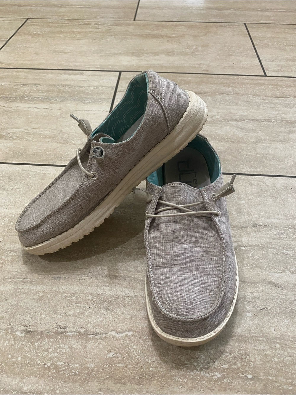 Hey Dude Women's Gray Canvas Slip-On Loafers with Teal Interior